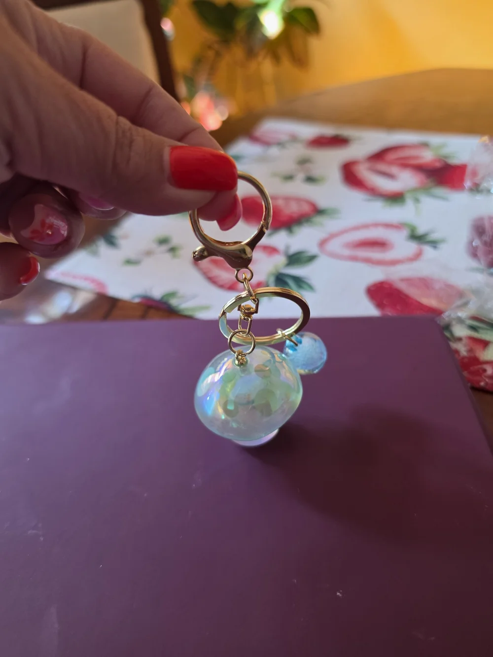 Iridescent Pink Mushroom Key & Purse Charm with Gold Hardware